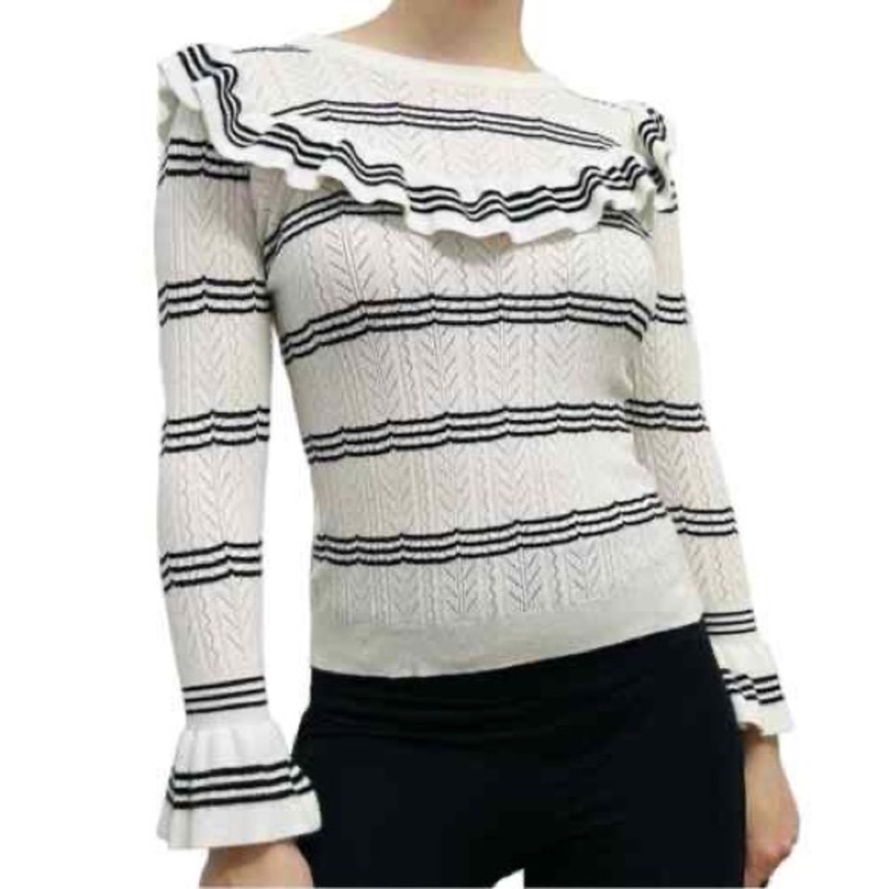 Polagram Knit Ruffle Sweater S White Black Stripes Open-Knit Bell Sleeve Preppy